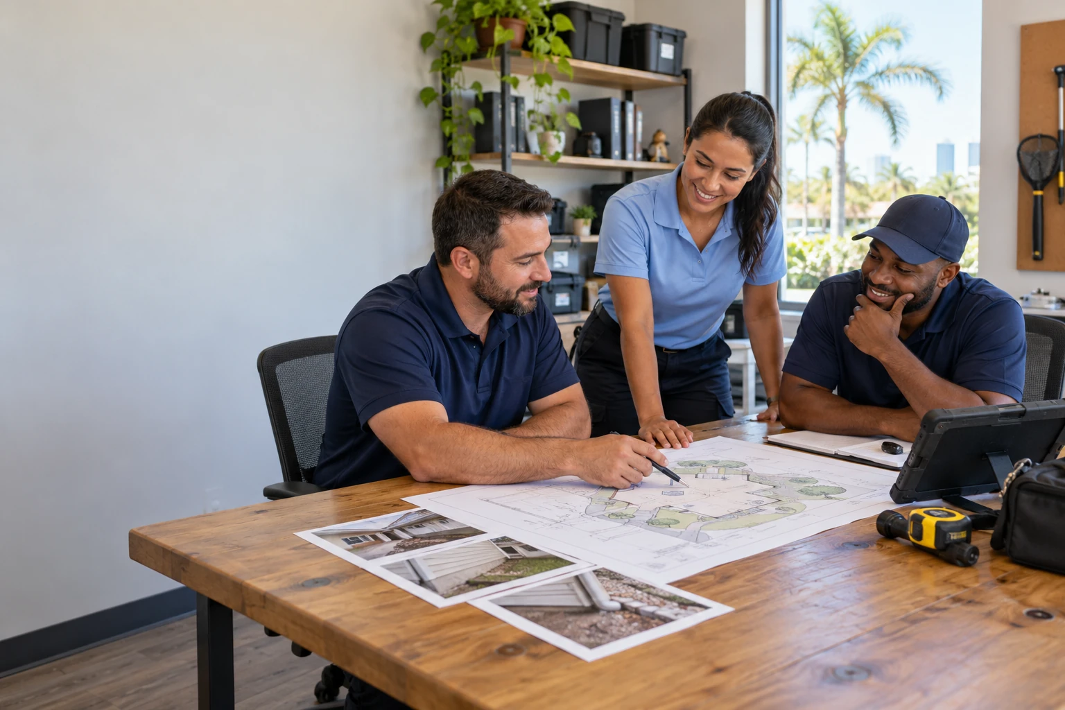 Coastal Rodent Defense team reviewing an inspection plan in the office