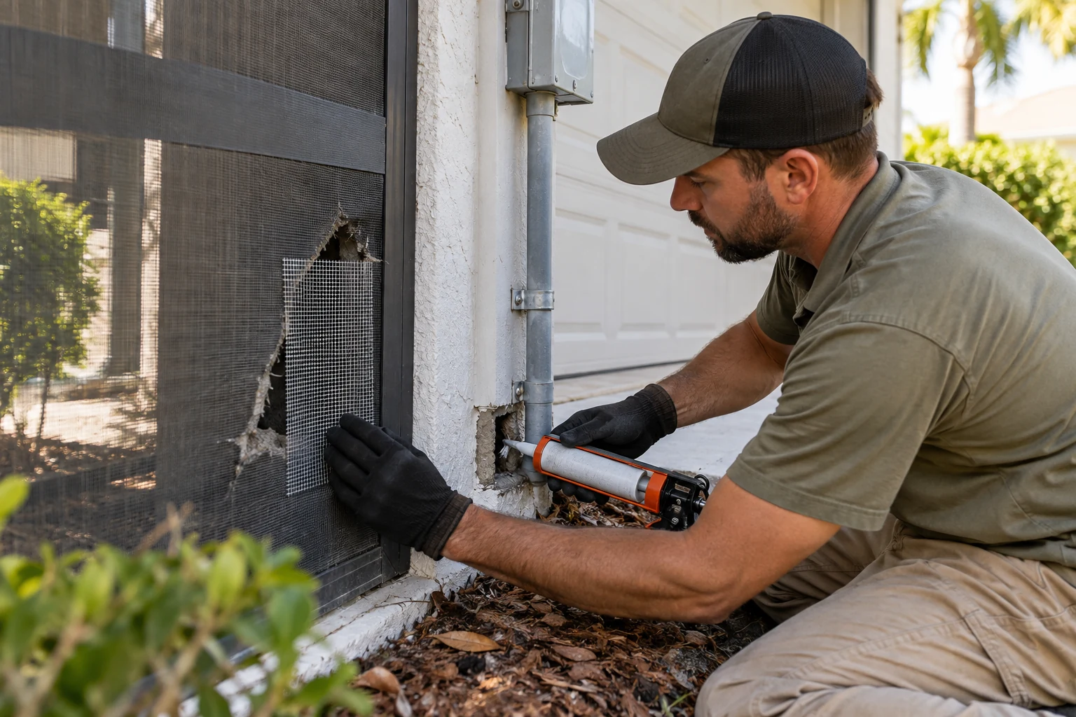 Technician inspecting a property for rodent entry points