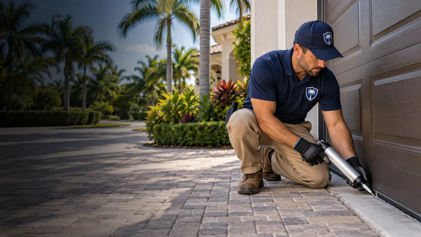 Rodent-control technician repairing a vulnerable building transition