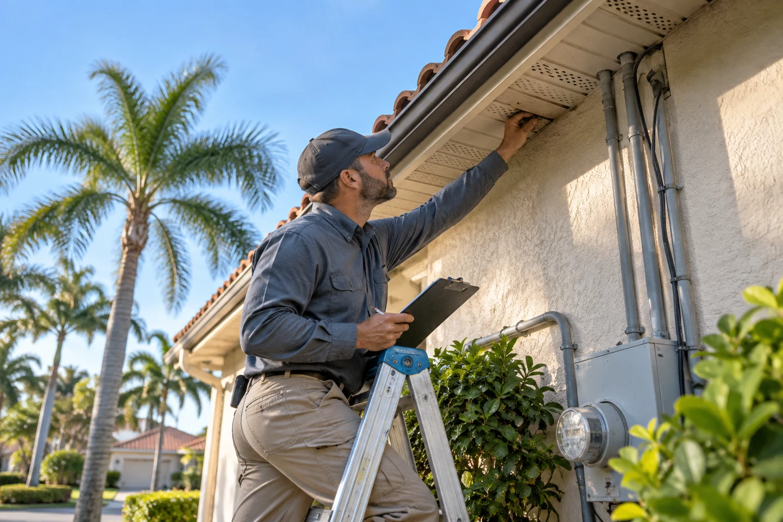 Rodent control west palm beach fl: rodent control technician kneeling on a concrete patio, installing a new brush seal along