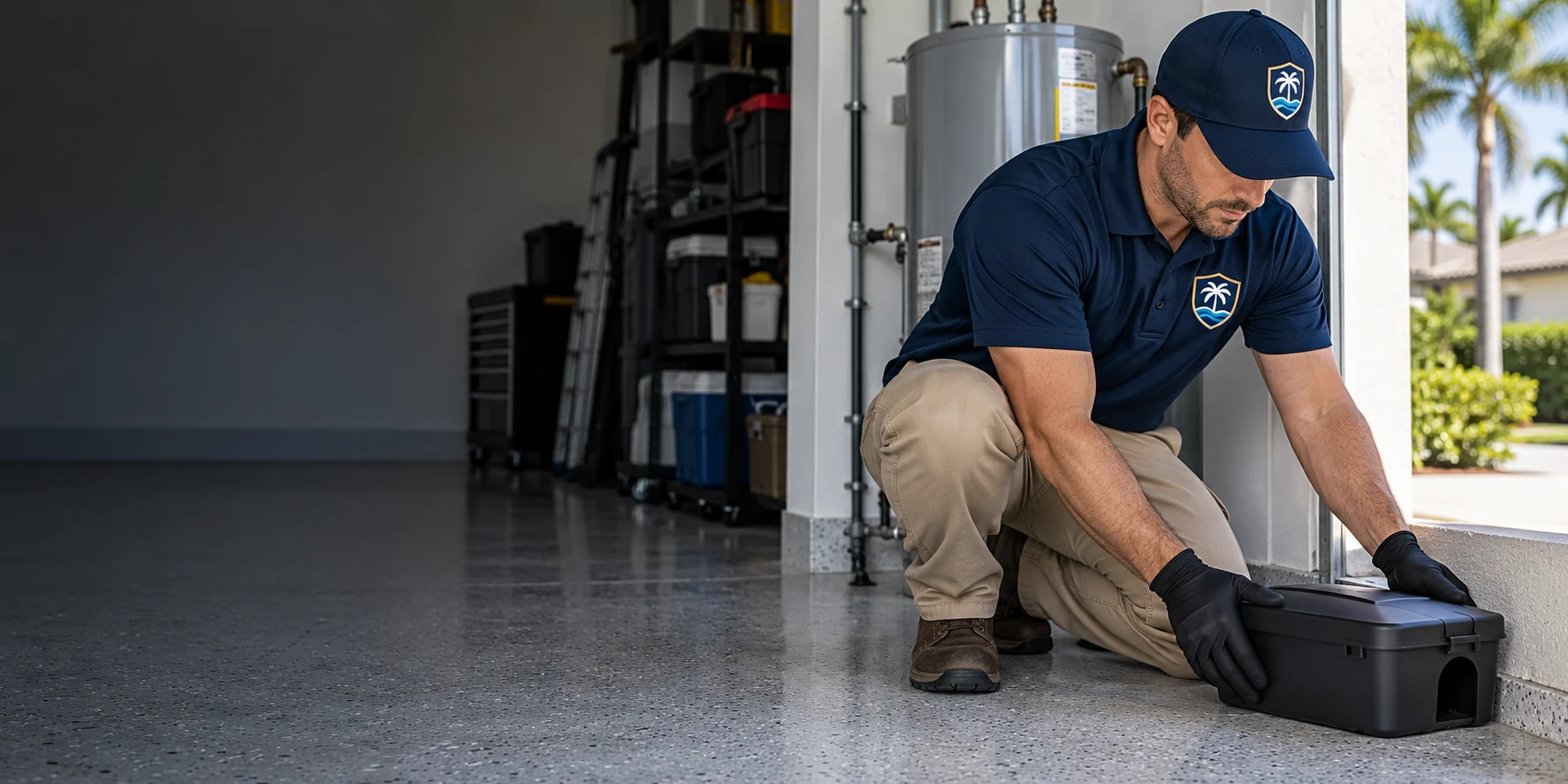 Technician preparing targeted rat-control equipment for a property
